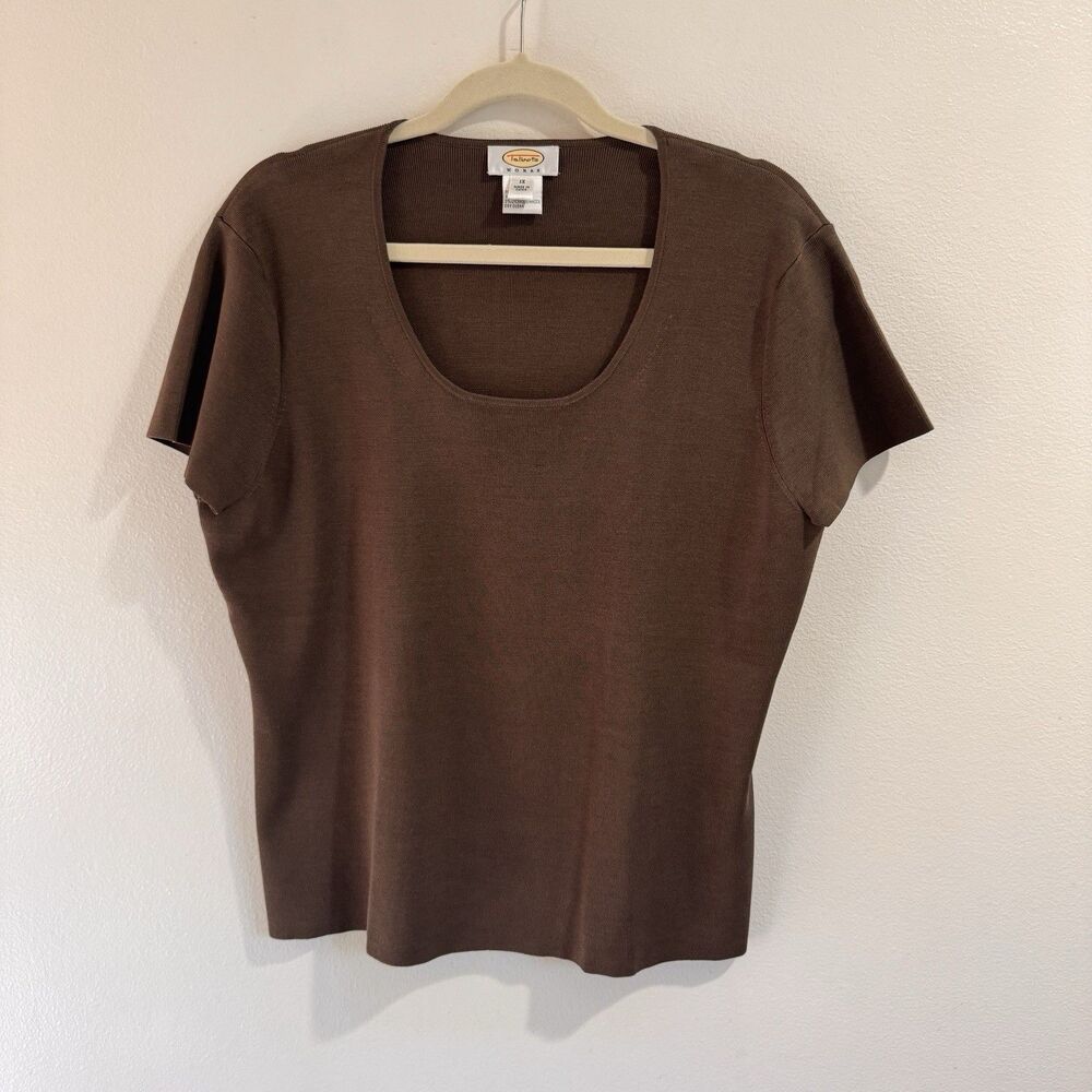 Talbots T-shirt Blouse 1X Brown Silk Blend Liquid Ribbed Knit Stretch Scoop Neck